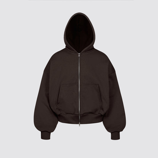 Boxy Ultra Heavyweight Double Zip Hoodie (Dark Chocolate)