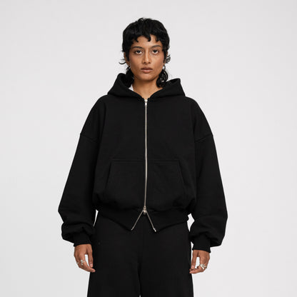 Boxy Ultra Heavyweight Double Zip Hoodie (Black)