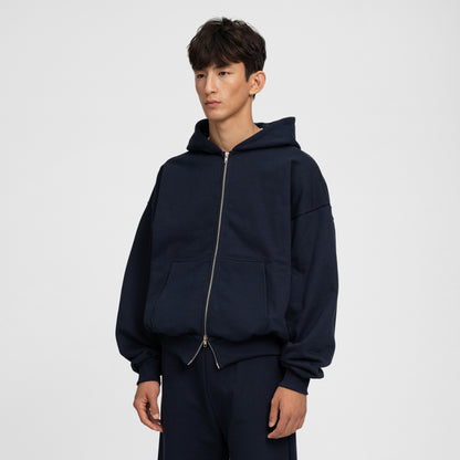 Boxy Ultra Heavyweight Double Zip Hoodie (Dark Navy)