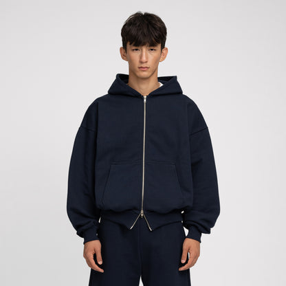 Boxy Ultra Heavyweight Double Zip Hoodie (Dark Navy)